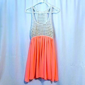 Umgee Dress Womens Small / Medium Sheer Beige Crochet Top Neon Coral Lined Skirt